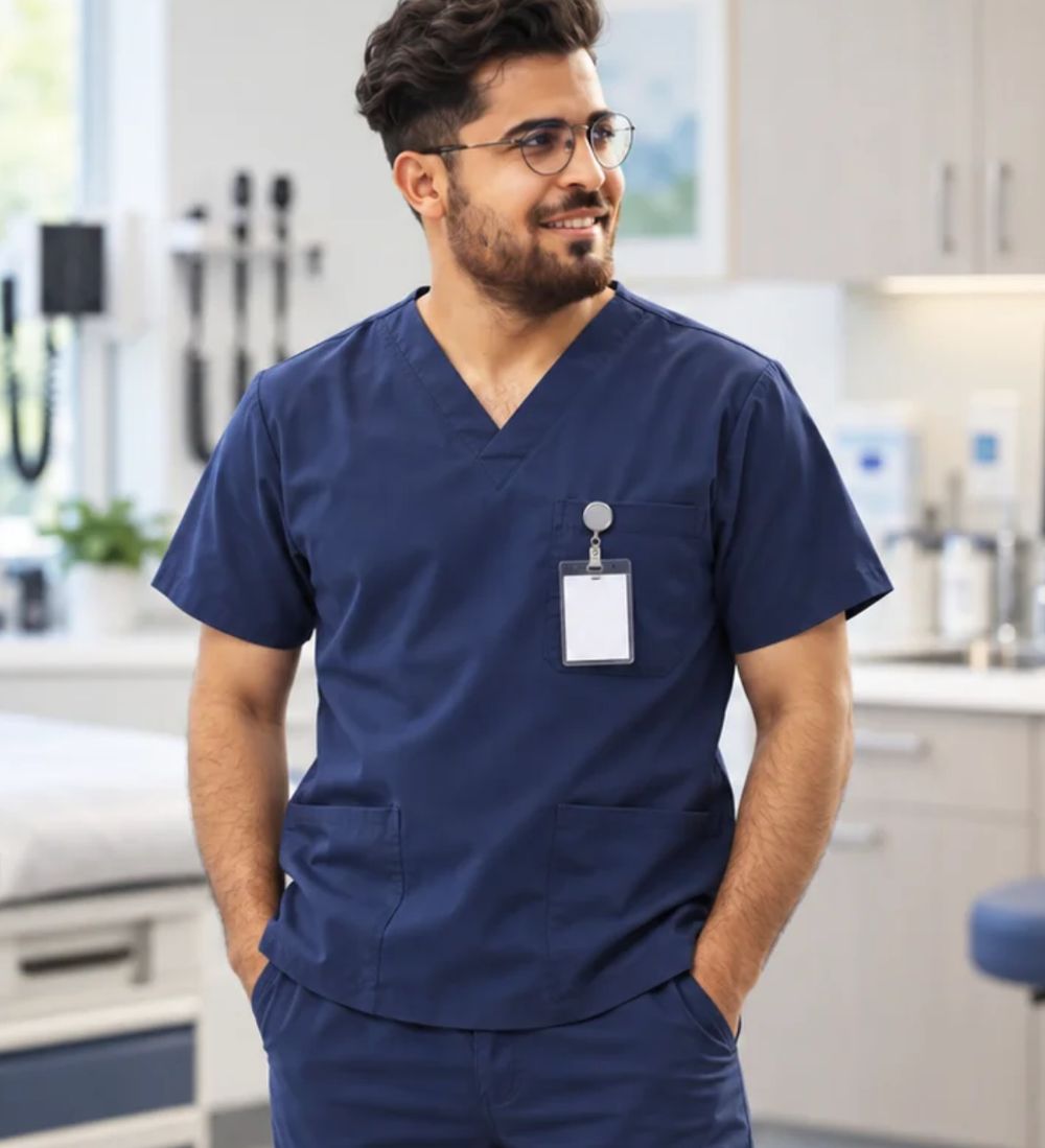 The same worker in navy scrubs in a clinic